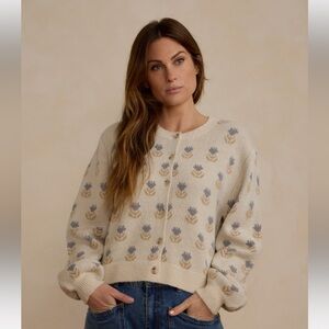 Rylee + Cru Cream and Blue Floral Cardigan